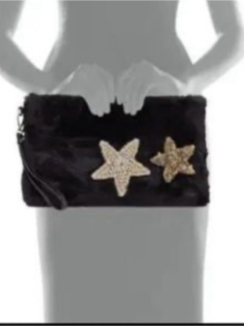 Black Faux Fur Star Appliqué Clutch - Gold & Cream Stars